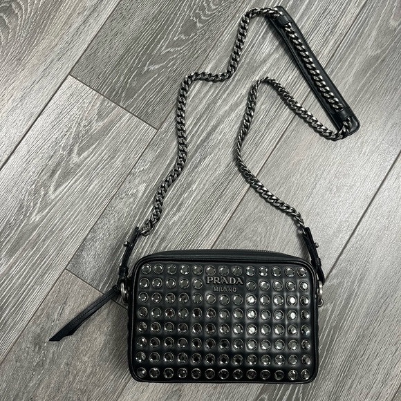 Prada Rhinestone Embellished Diagramme Quilted Camera Bag BLK Leather Cristal - Picture 9 of 17